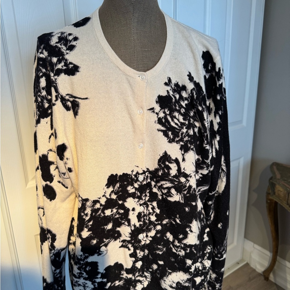 Lord and Taylor Black and White Floral Cashmere Cardigan